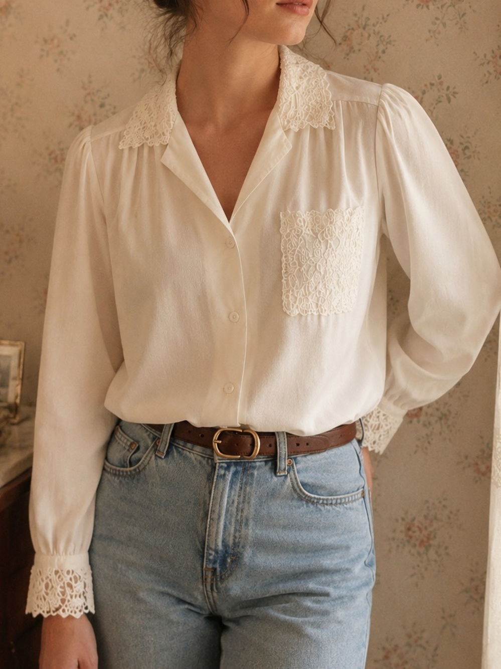 Vintage Rhapsody Lace Collar Blouse Made USA Romantic Cottagecore Small